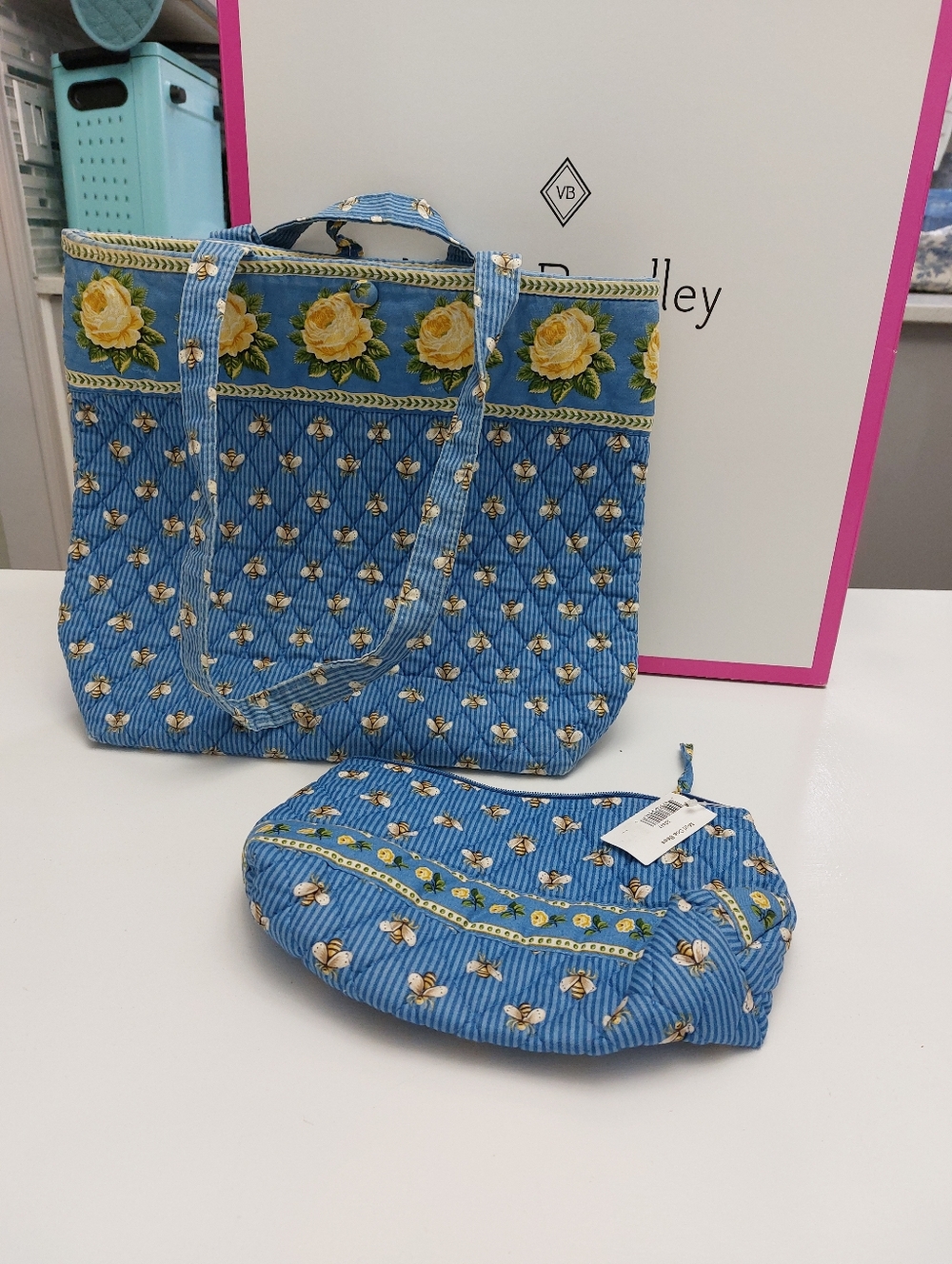 Vera Bradley Vintage Bees Yellow Roses Button Tote & Medium Cosmetic NWT